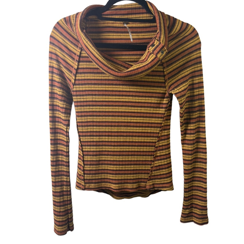 Free People Striped Ribbed Long Sleeve Top in Mustard, Rust, Black